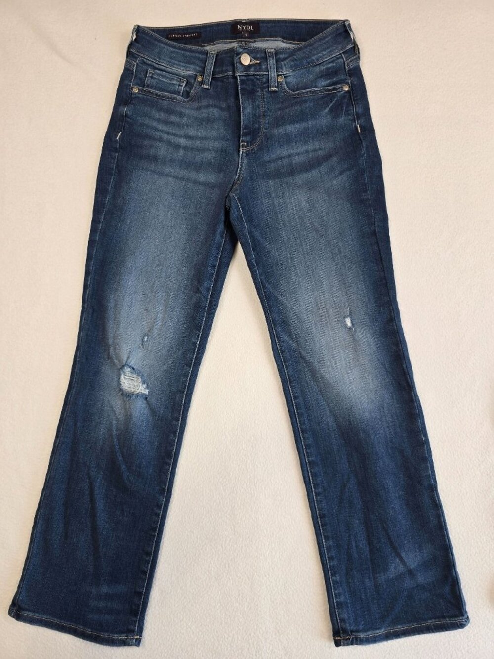 NYDJ Marilyn Size 2 Straight Jeans  Blue Denim Lift Tuck Technology Distressed